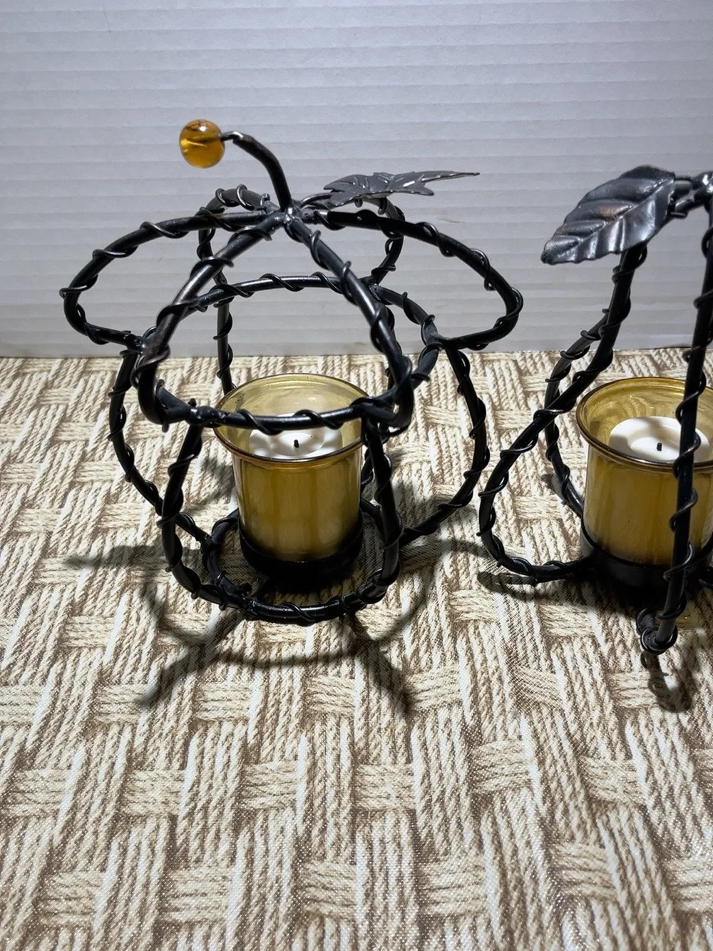 Set of 2 Metal Pumpkin Votive Candle Holders Amber Glass Fall Autumn Decor